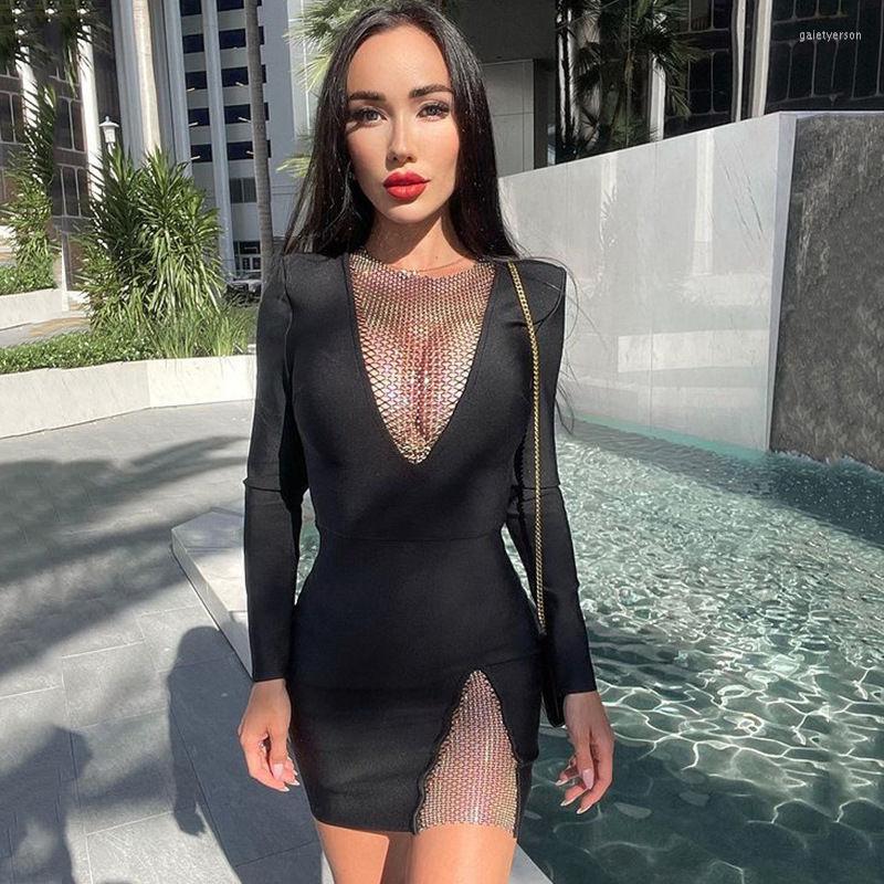 

Casual Dresses Spring Sexy Net Diamond Celebrities Long Sleeve Bandage Fitting Dress Vestidos De Mujer Sheath Mid-Calf V-Neck, Black