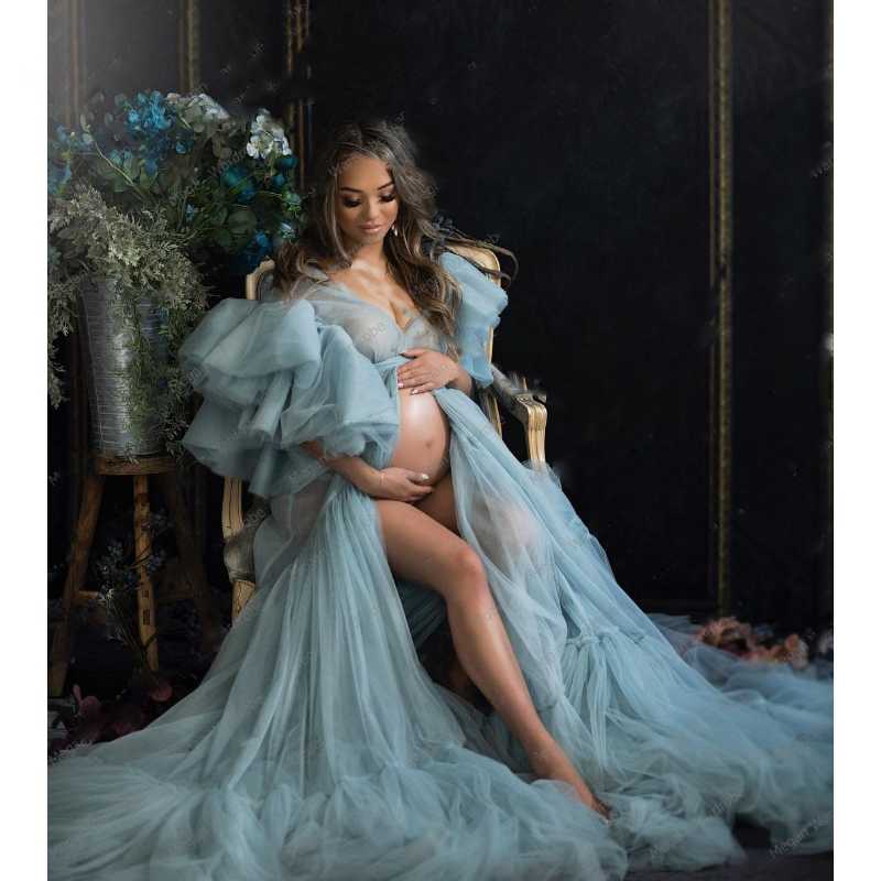 

Casual Dresses Dusty Blue Illusion Tulle Maternity Dress Sexy Long See Thru Bride Robes For Po Shoot Puffy Ruffled PographyCasual, Green