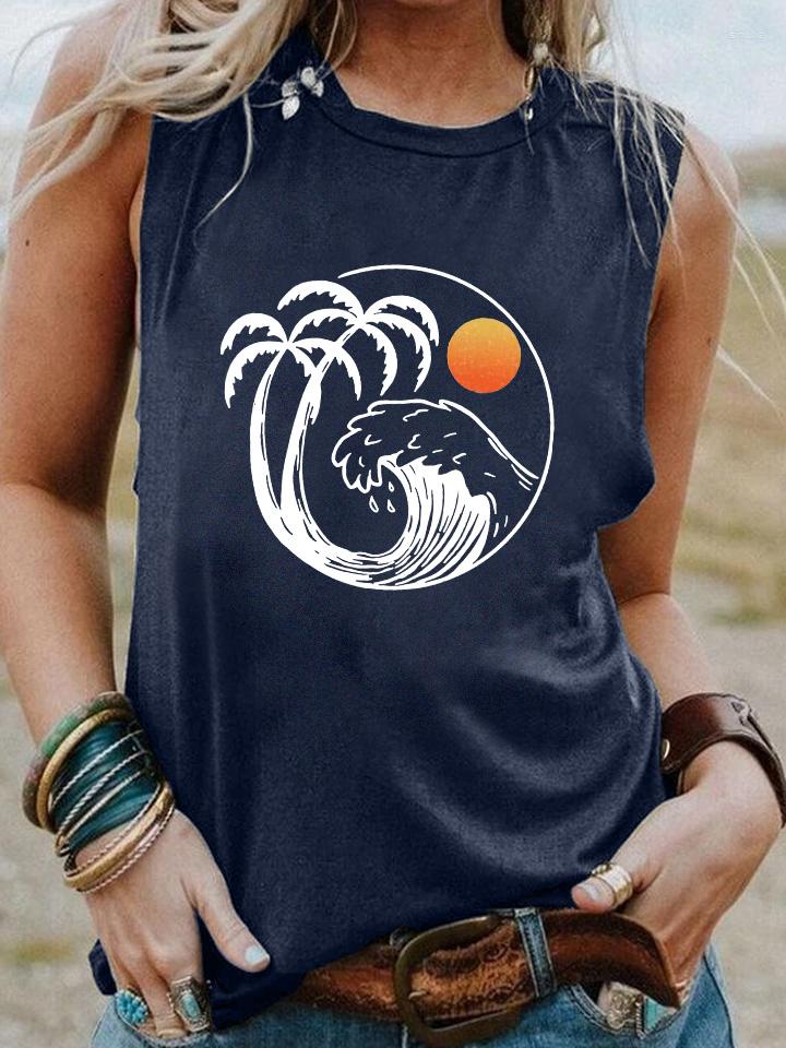 

Women' Tanks Wave Sunset Coconut Tree Colored Tank Top Funny Beach Summer Style Sleevele Shirt Women Fashion Casual Vintage Tops, Burgundy-white txt