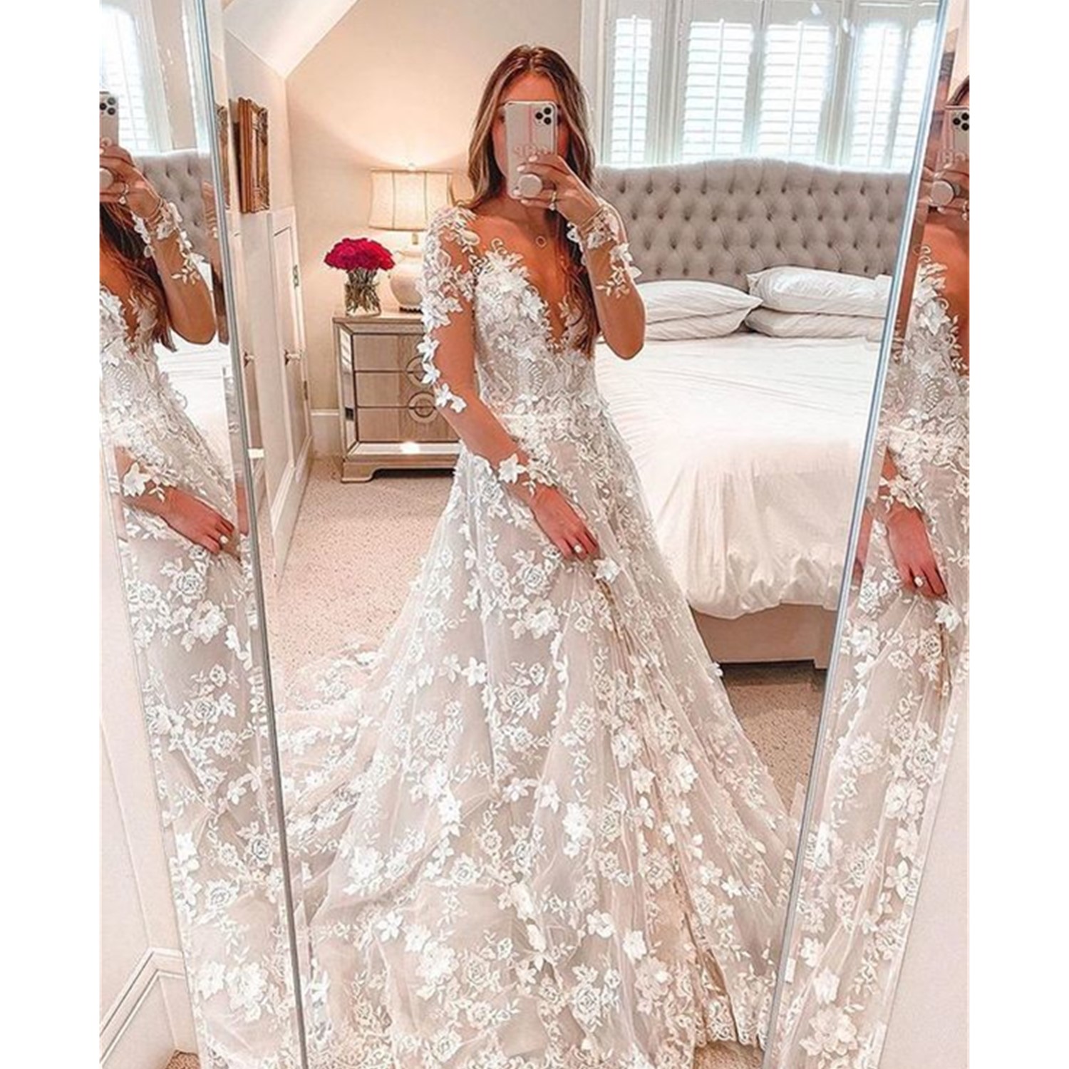 

Elegant A-line Wedding Dresses Long Sleeves Bridal Gown V Neck Beads Appliqued Lace Beach Custom Made Sweep Train, Ivory