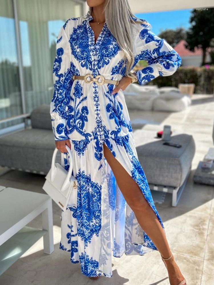 

Casual Dresses Women Elegant Fashion Maxi Dress Bohemian Vintage Pattern Printing Party Ladies Long Sleeve Loose V-Neck Button-up, 02 blue(no belt)