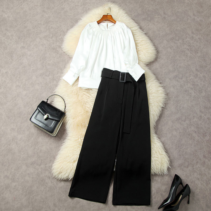 

2023 Summer White Solid Color Two Piece Pants Sets 3/4 Sleeve Round Neck Top & High Waist Black Belted Wide Leg Trousers Pants Suits Set L3M122275, Multi