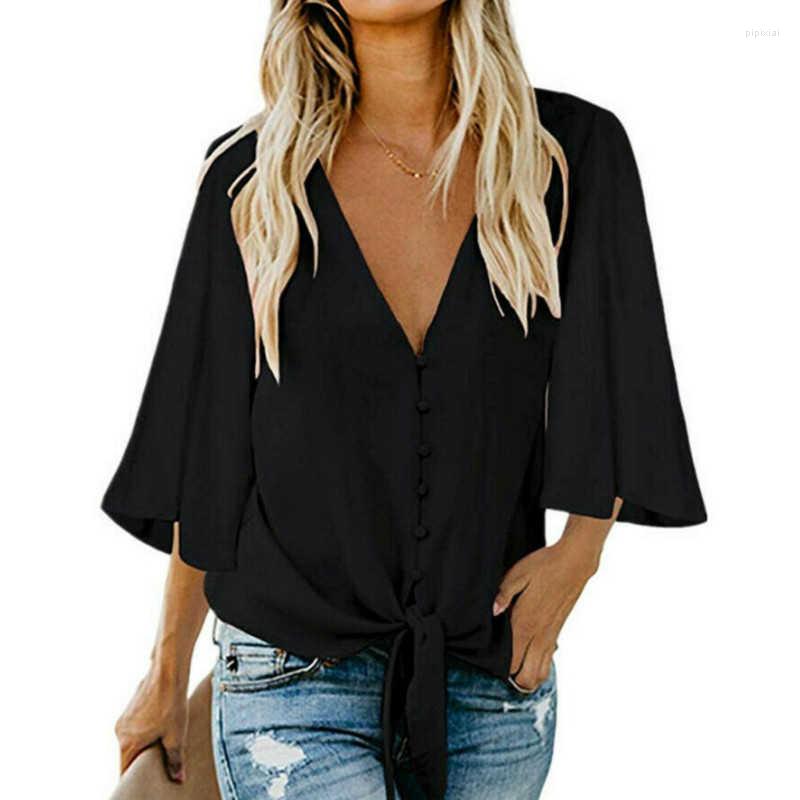

Women's Blouses Fashion Summer Womens Deep V-Neck Ruffle Sleeve Casual Loose Top Blouse, A2