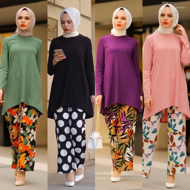 

Ethnic Clothing 2023 Point Floral Print Design Cloth Muslim Women Long Tops Islamic Sets Pants Ramadan Prayer Clothes 2 Piece Set