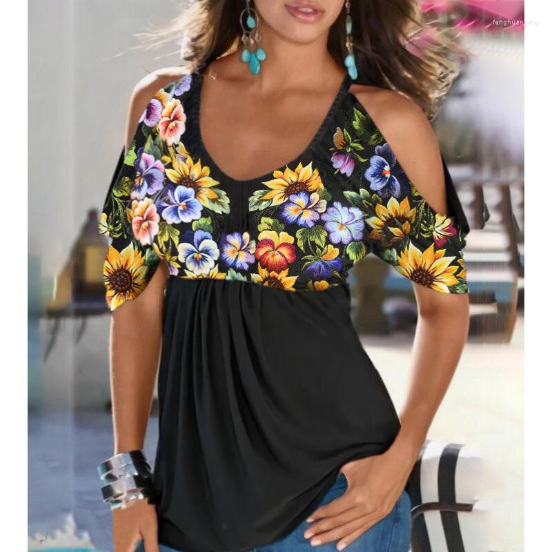 

Women's Blouses Women Tops Summer Fashion Off Shoulder Flower Print Short Sleeve Patchwork Beach Style Womens Vintage Streetwear, D6w722hs
