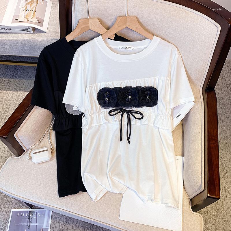 

Women's T Shirts Summer -4XL Large Size Patchwork T-shirt Female Loose Drawstring Short Sleeve Oversize Tops Mesh Flowers Ruffles Tshirt, Black