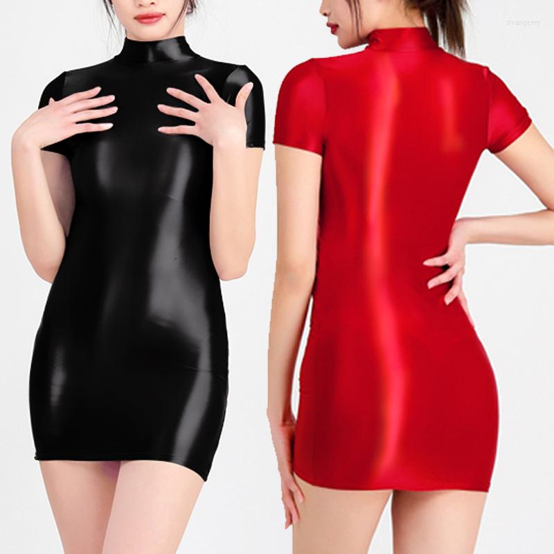 

Casual Dresses Satin Shiny Sexy Women Bodycon Dress Oil Glossy Smooth Sheer Micro Mini See Through Tight Pencil White Party, Black