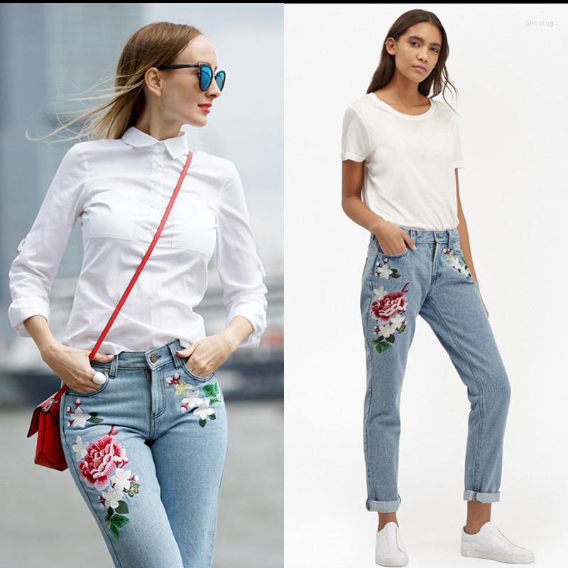

Women's Jeans Floral Embroidery Women Print 3D Flowers Pattern Straight Leg Denim Pants Harajuku Boyfriend Trousers Female Streetwear, Blue