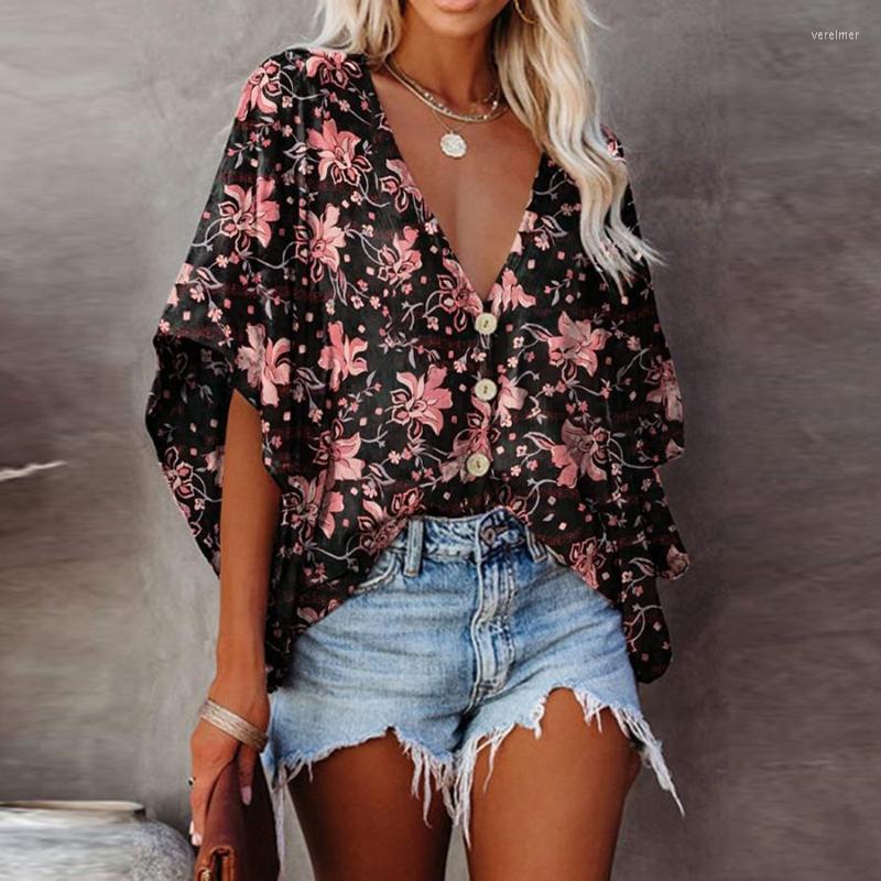 

Women's Blouses & Shirts Sexy V Neck Women Blouse 2023 Summer Printed Short Sleeve Button Cardigan Loose Ladies Shirt Fashion Vintage Casual, Style 1
