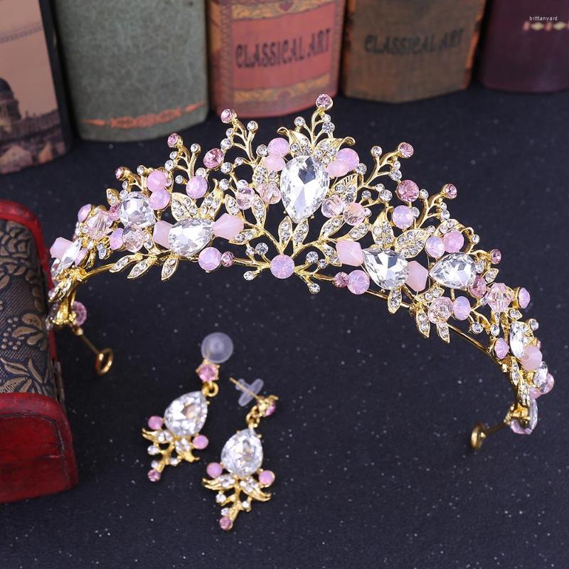 

Necklace Earrings Set Gorgeous Gold Pink Color Crystal Bridal Fashion Tiaras Crown Women Wedding Dress Jewelry, Picture shown