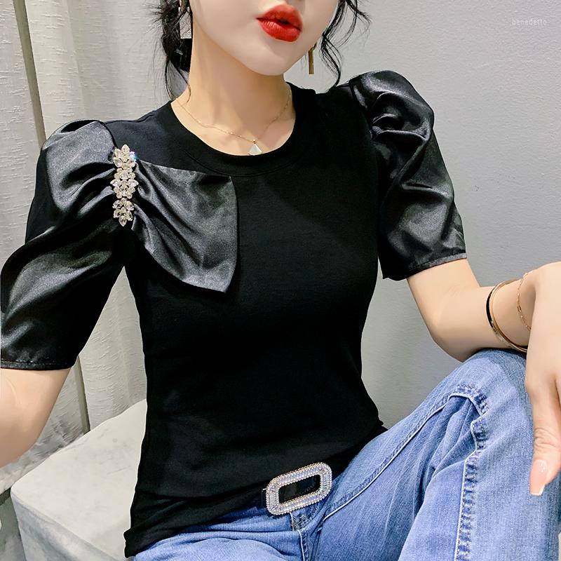 

Women' T Shirts Summer European Clothes Cotton T-Shirt Chic Sexy Elegant Women' Tops Patchwork Bowknot Puff Sleeve Black Green Tees