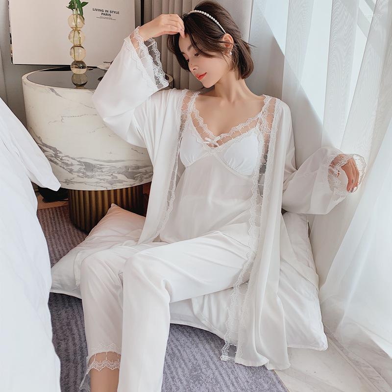 

Women's Sleepwear 3PCS Satin Female Robe Set Bathrobe Gown Sexy Homewear Kimono Sleep Intimate Lingerie Lace Soft Home Clothing, White