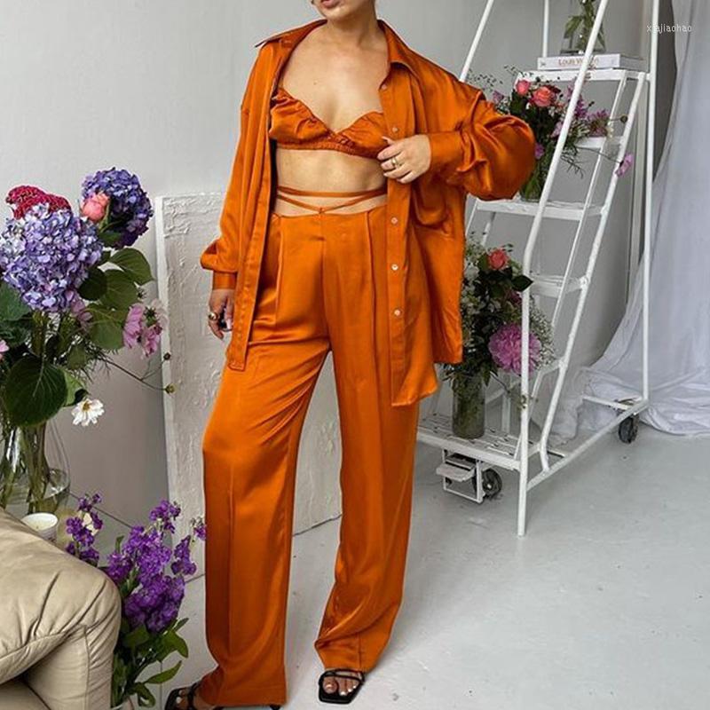 

Women's Two Piece Pants Fashion Bra Shirt Tie-up Long Pant Set Spring Women Casual Sleeve Solid Loose Suits Fall Elegant Vacation Party, 02 orange