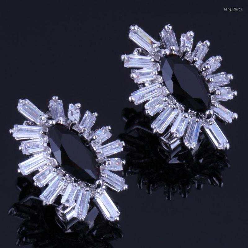 

Backs Earrings Gorgeous Marquise Black Cubic Zirconia White CZ Silver Plated Clip Hoop Huggie V0895