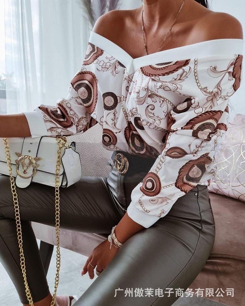 

Women' Polos 2023 Autumn Long Sleeve Off Shoulder Printed Top, Beige