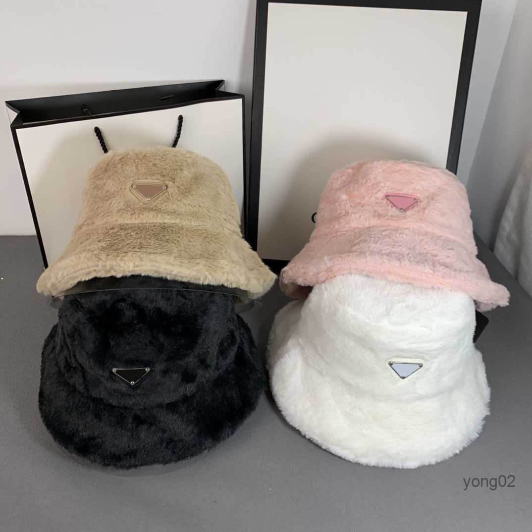 

Fashion Brand Designer Bucket Hats Men Women Autumn Winter Plush Solid Color Warm Metal Triangle Hat, Pink