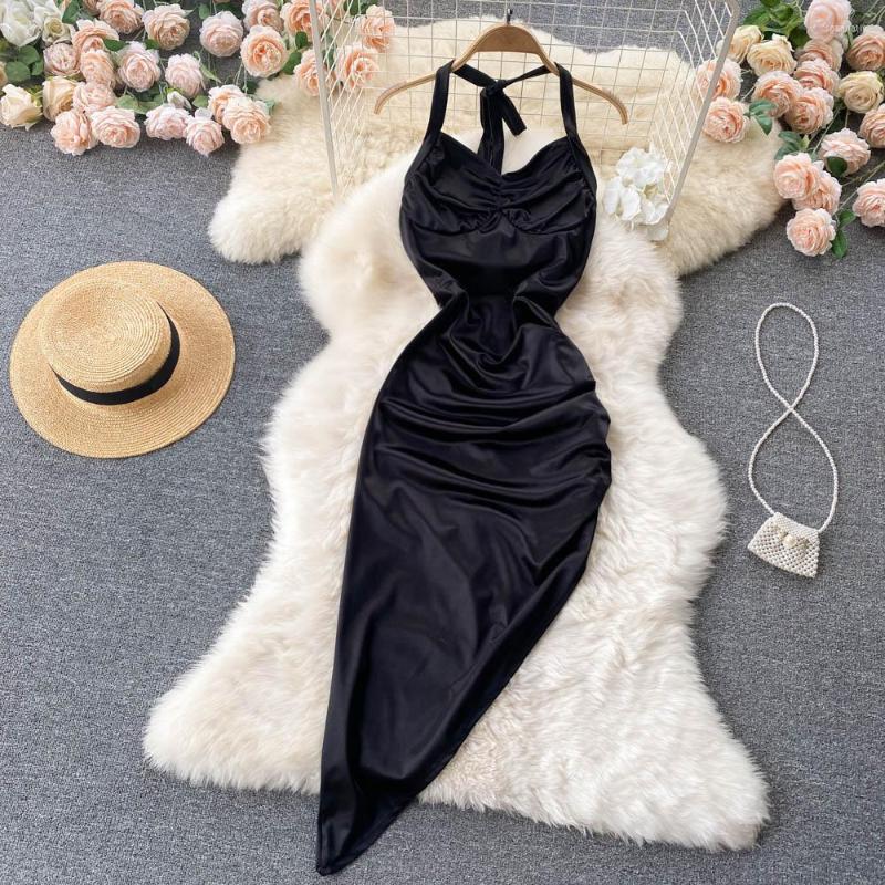 

Casual Dresses Summer Women Black Irregular Party Dress Sexy Lace-up Halter Neck Sleeveless High Waist Draped Open Back Club Vestidos