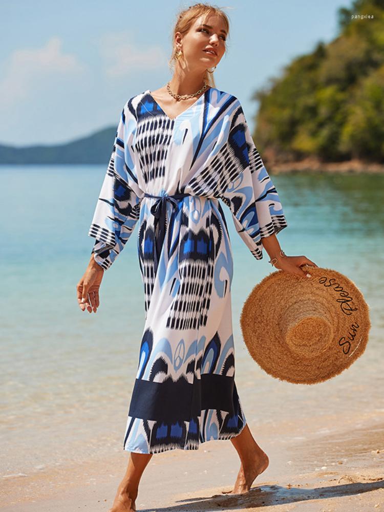 

Women's Swimwear Beach Cover Ups For Women 2023 Blue Kaftans Long Sleeve Maxi Bohemian Dresses Holiday Bathing Suits Pareo Plate