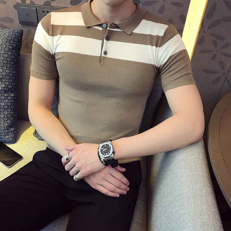 

Men's Polos Social Knitting Slim Polo British Style Stripes POLO Shirt Men Summer Short Sleeve Men's POLO Slim Fit Casual Polo Homme 230316, Camel