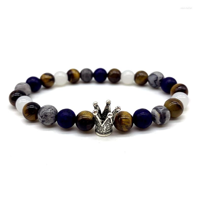 

Strand Trendy Crown Charm Bracelet Men Handmade 8mm Temperament Tiger Eye Stone Beaded For Party Jewelry Gift