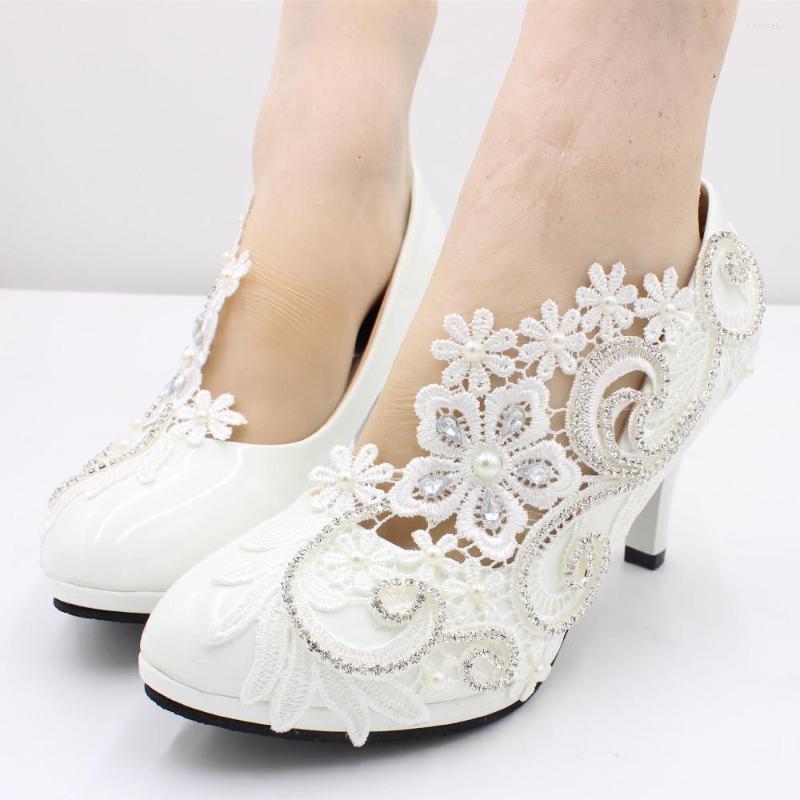

Dress Shoes Autumn White High Heeled Ladies Wedding Rhinestone Decorated Chain Round Toe Bride Handmade, 8 cm heel height