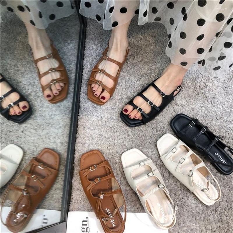 

Sandals 2023 Roman Women Summer Retro Square Toe Open Belt Buckle Flat, Black