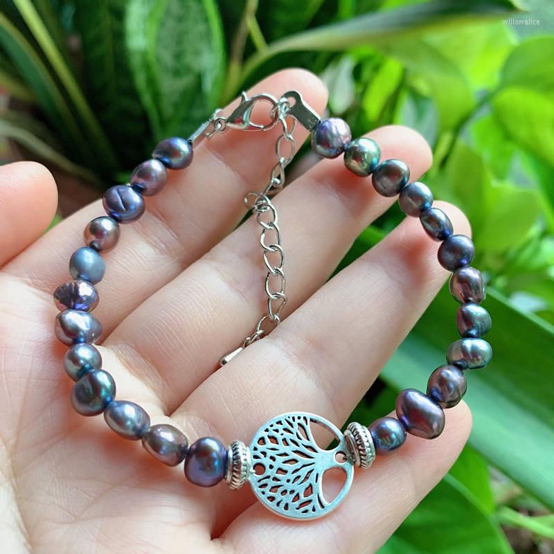 

Strand Vintage Lucky Tree Rainbow Black Baroque Pearl Bracelets Women Natural Freshwater Prayer Life Healing Meditation