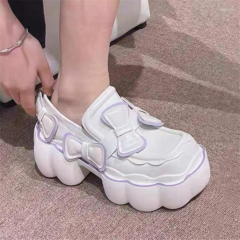 

Dress Shoes Bowknot Decor Women Pumps White Thick Sole Platform Cute Leather Woman Slip-on Loafers Chunky High Heels Espadrilles, Black