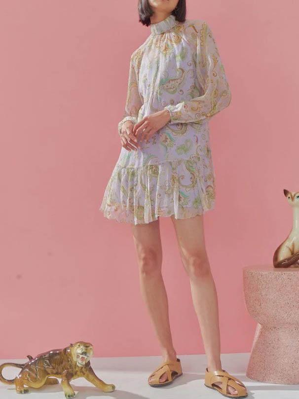 

Casual Dresses Lady High Street Fashion Full Sleeve Bow Collar Totem Print Silk DressCasual, Multi