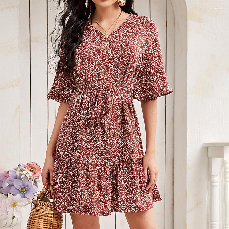 

Casual Dresses A Line Printed Hedging Stitching Dress Summer 2023 Women V Neck Short Sleeveed Lace High Waist Chiffon, Burgundy