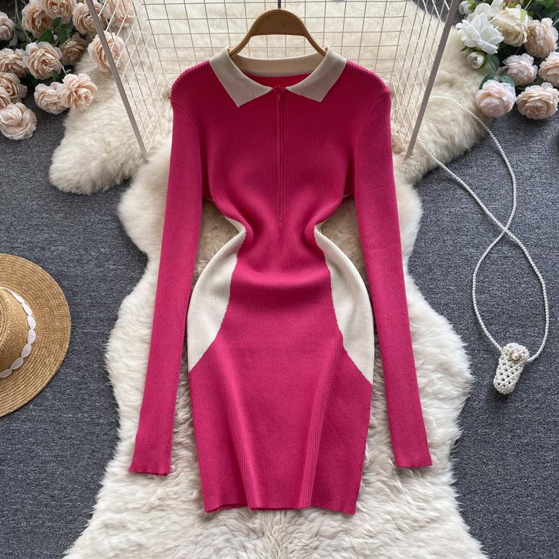 

Casual Dresses Women Chic Sexy Turn Down Collar Long Sleeve Elastic Bodycon Dress Korean Fashion Knit Vestidos Slim Pencil Autumn Ins, Black