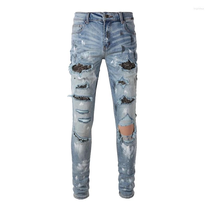 

Men's Jeans Arrival Men's Distressed Light Blue Ripped Streetwear Damaged Rhinestones Painted Slim Fit Denim Pants Destroyed 6626