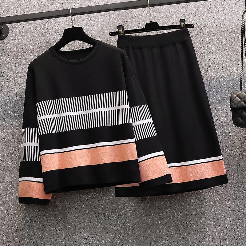 

Work Dresses Fashion Knitted Two Piece Set Women Loose Hit Color Sweater Pullovers &Elastic Knit Knee Length Skirt Autumn Ladies Suit, Picture color