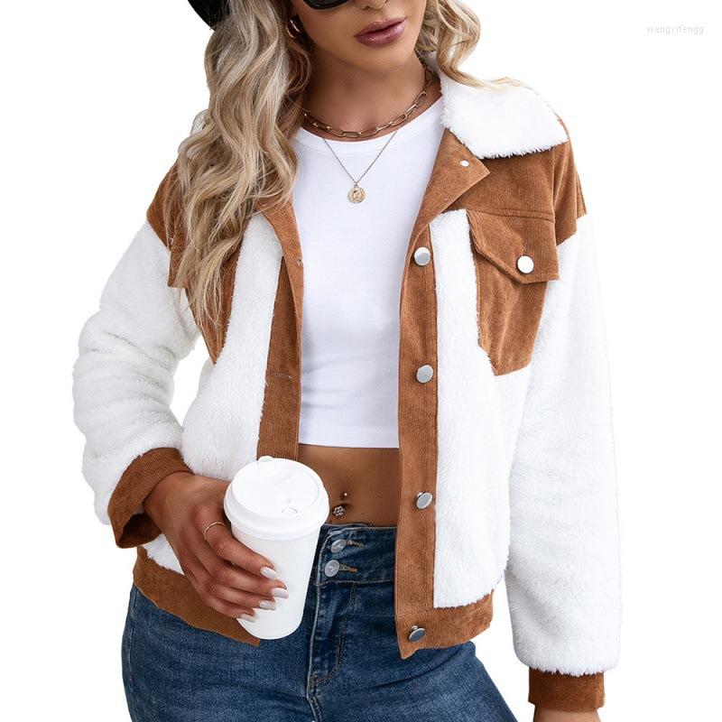 

Women' Jackets WYBLZ 2023 Casual Corduroy Single-Breasted Splicing Jacket Women Autumn Winter Color Matching Plush Coat For, White