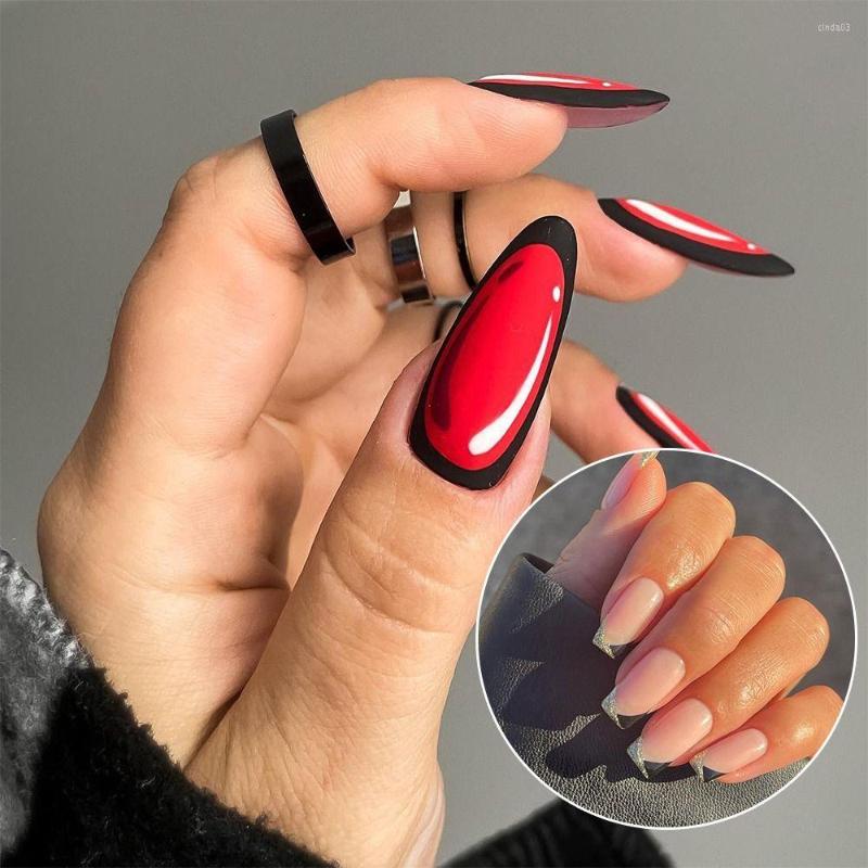 

False Nails Cartoon Full Cover Gel Press On Black Silver Stripe Fake Nail Tips Finished Fingernail Detachable