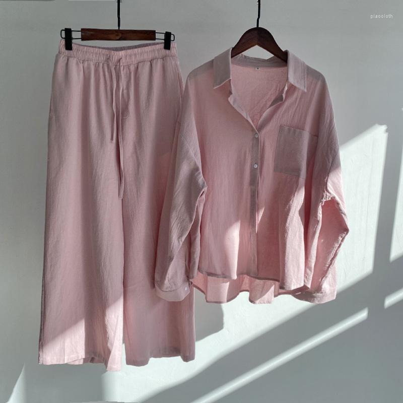 

Women's Two Piece Pants 2023 Casual Women's Clothing 2-piece Retro Cotton Linen Shirt Set High Waist Slacks