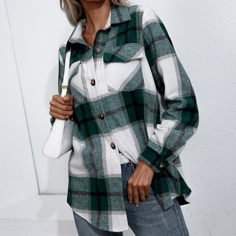 

Women' Jackets Thick Cashmere Plaid Shirt Coat Office Lady Fashion Casual Commute Autumn Winter Warm Lapel Single Breasted Shirts Coats, Green