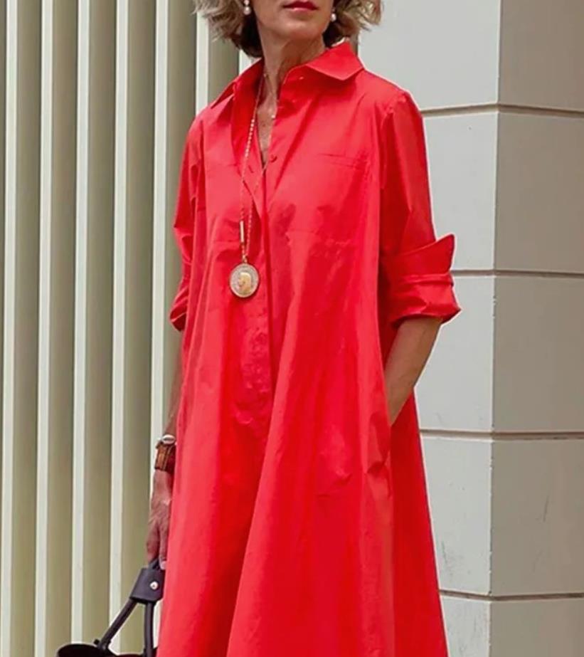 

Women Solid Shirt Dress Summer Fashion Casual Turn-down Collar Pocket Long Sleeve Midi Dresses Female Sexy Dot Dresses Vestidos, Red