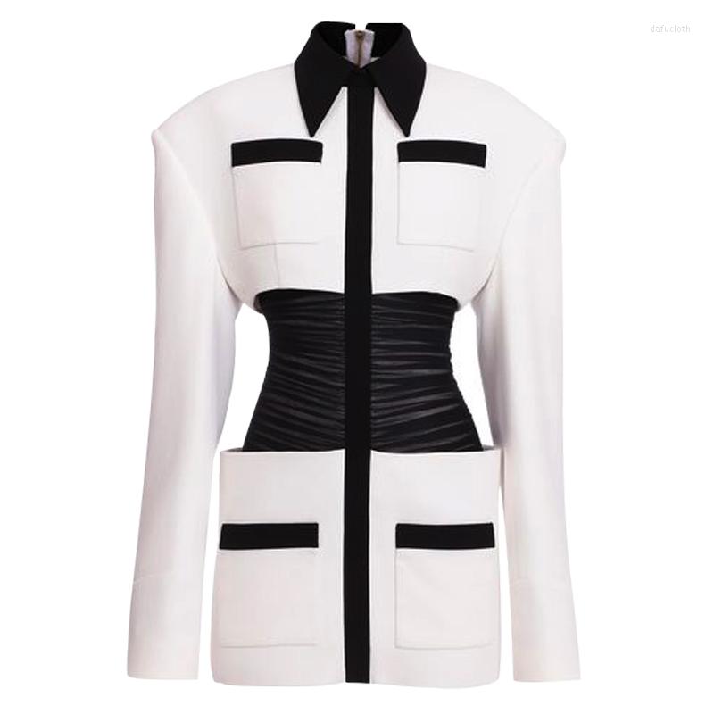 

Casual Dresses -XL High Quality 2023 Fashion Black And White Stitching Folds Waist Wide Shoulders Long Sleeve Pocket Button Women Dress, Model color