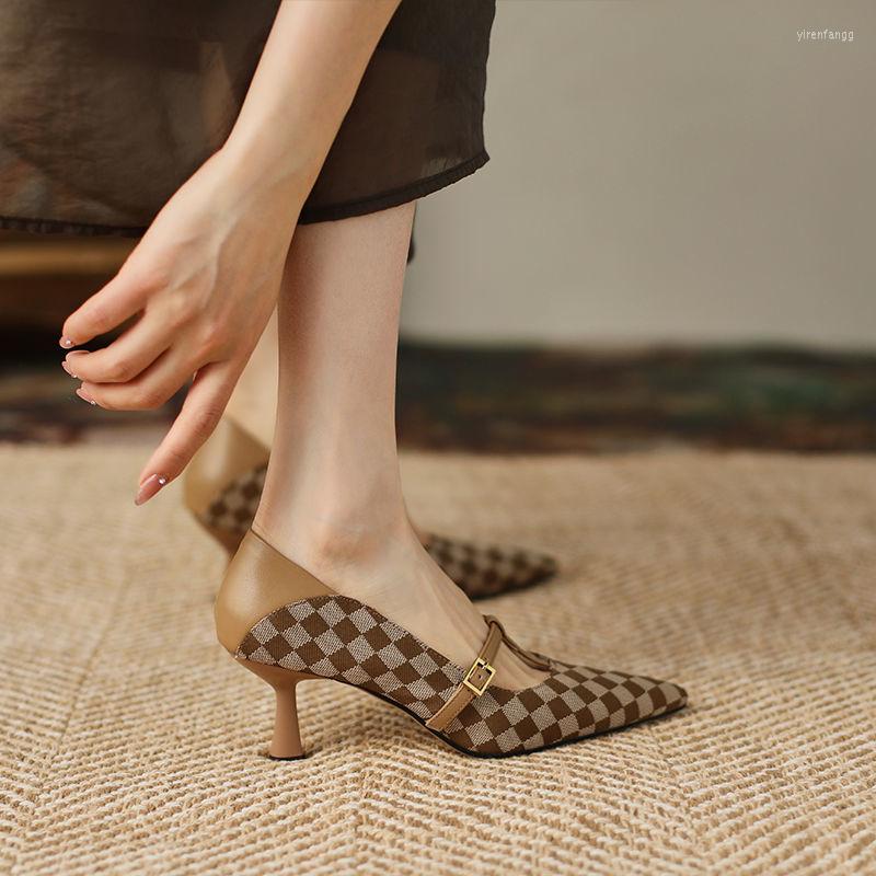 

Dress Shoes 2023 Fashion Gladiator Women's Pointed Toe Plaid Color Matching High Heels All-match Retro Temperament, Black