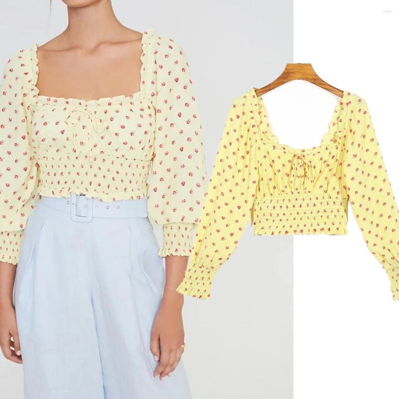 

Women' Blouses Maxdutti Indie Folk Floral Print Lace Up Yellow Square Collar Vintage Short Shirt Blouse Women Summer BlouseTops