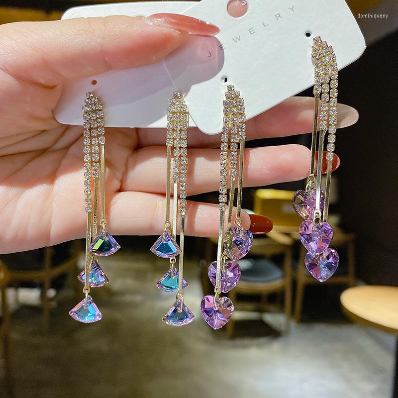 

Dangle Earrings Long Tassels 2023 Korean Luxury Purple Heart Crystals Geometric Pendant Charm Jewelry Kpop Earring For Women