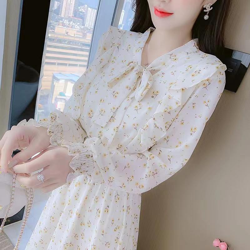 

Casual Dresses French Floral Chiffon Dress Women's 2023 Autumn Style Bow Tie Sweet And Elegant Waist Mid-length A-line DressCasual, Blue