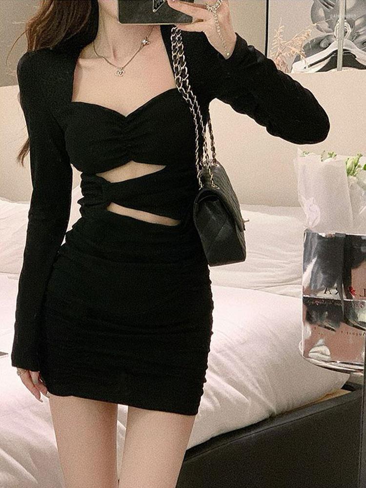 

Casual Dresses Black Bodycon Dress Women Spring Autumn Long Sleeve Square Neck Stretch Sexy Slim Y2k Party Evening Club Night