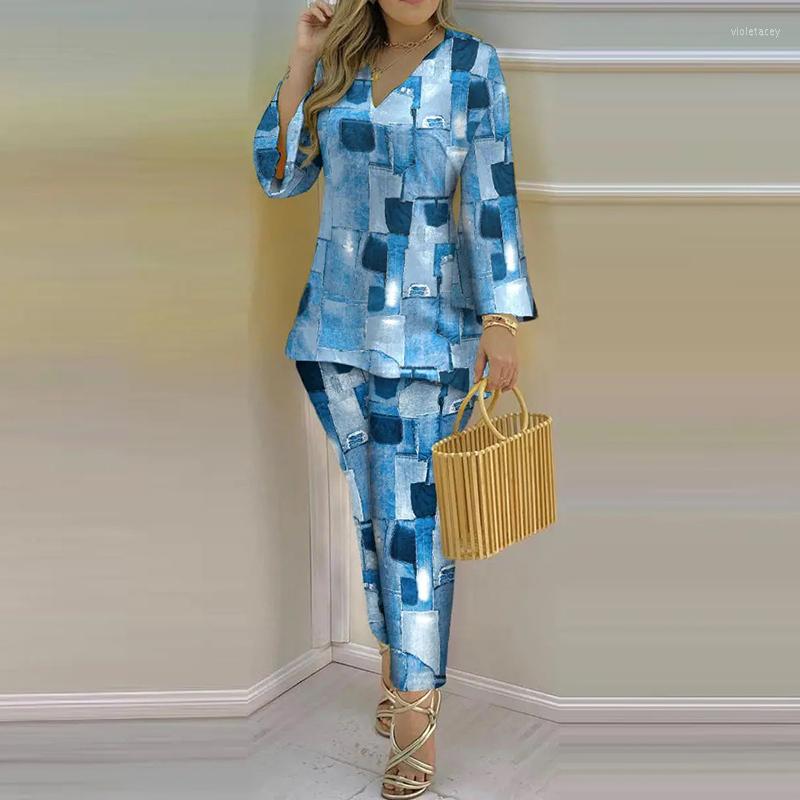 

Women' Tracksuits Sexy V-neck Pullover Tops And Long Pant Outfits 2023 Women Casual Sleeve Loose Suits Vintage Geometry Print Two Piece, 03 blue