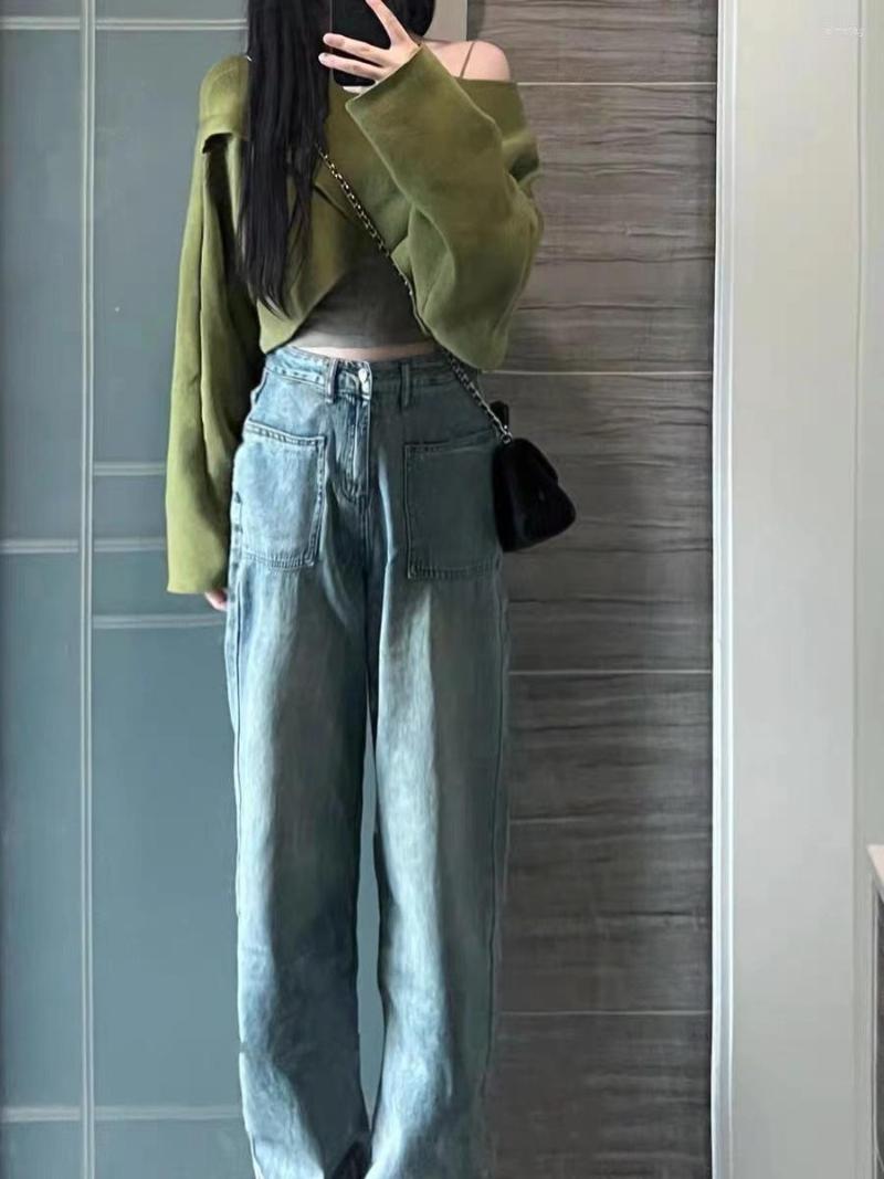 

Women' Jeans Vintage Blue High Waist Women' Wide Leg Pants 2023 Autumn Loose Straight Draped Baggy Thin Women Trousers