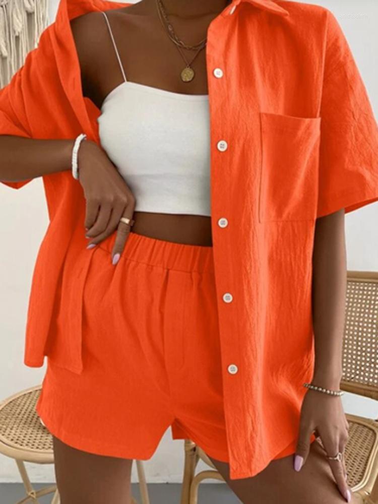 

Women's Tracksuits Lapel Short Sleeve Shirt And Straight Shorts Solid Summer Two Piece Sets Casual Office Loose Suit Holiday Elegant Beach, 05 blue