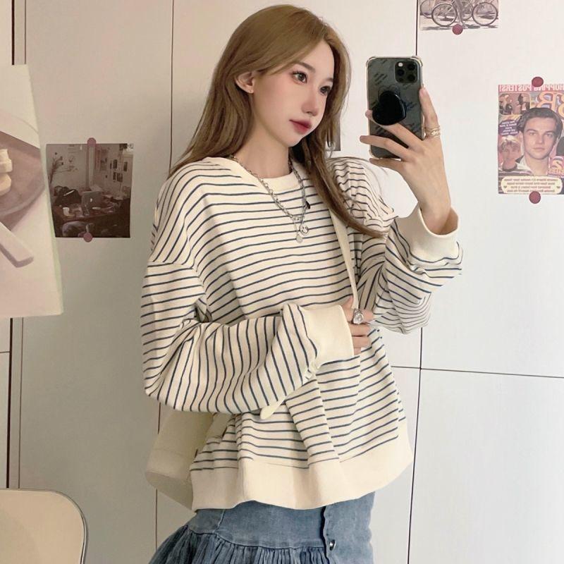 

Women's Hoodies & Sweatshirts Women Striped Sweatshirt Thin Luxury Classic Fashion Modern High Street Sport Casual Youth Student Long Sleeve, Light blue