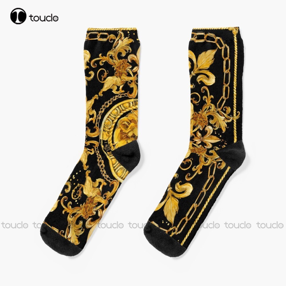 

Socks Hosiery Golden Lion And Damask Ornament. Luxury Design. Gold Lace Watercolor Hand Drawn Textile Background. Socks Mens Black Socks Sock 230316
