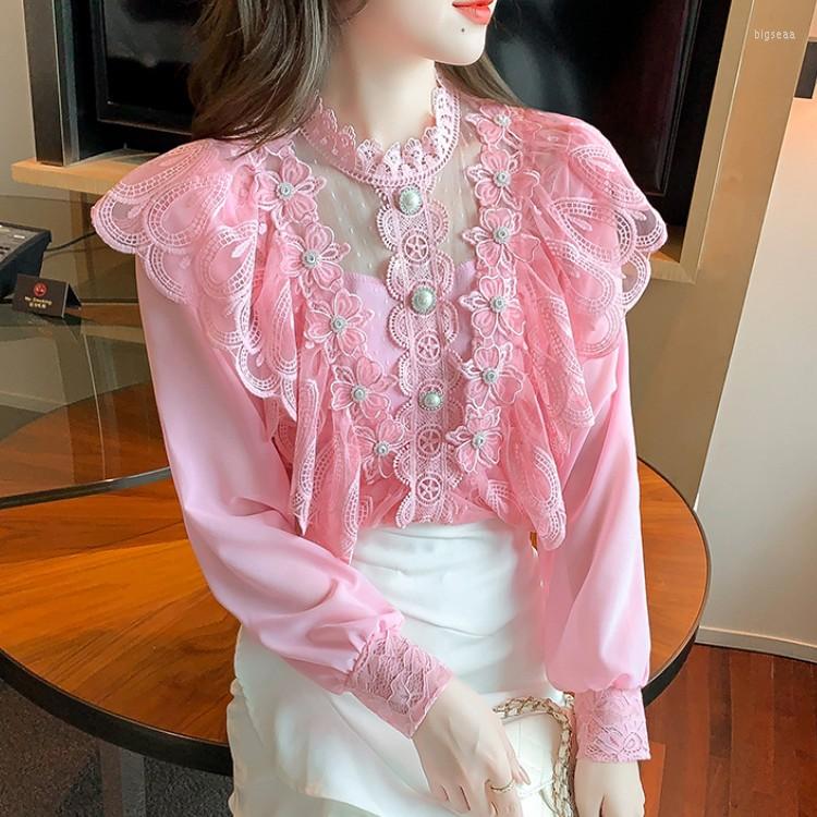 

Women' Blouses Women Pink Ruffles Lace Patchwork Chiffon Shirt Blouse Long Sleeve O-Neck 2023 Spring Vintage Chic Button Shirts Top